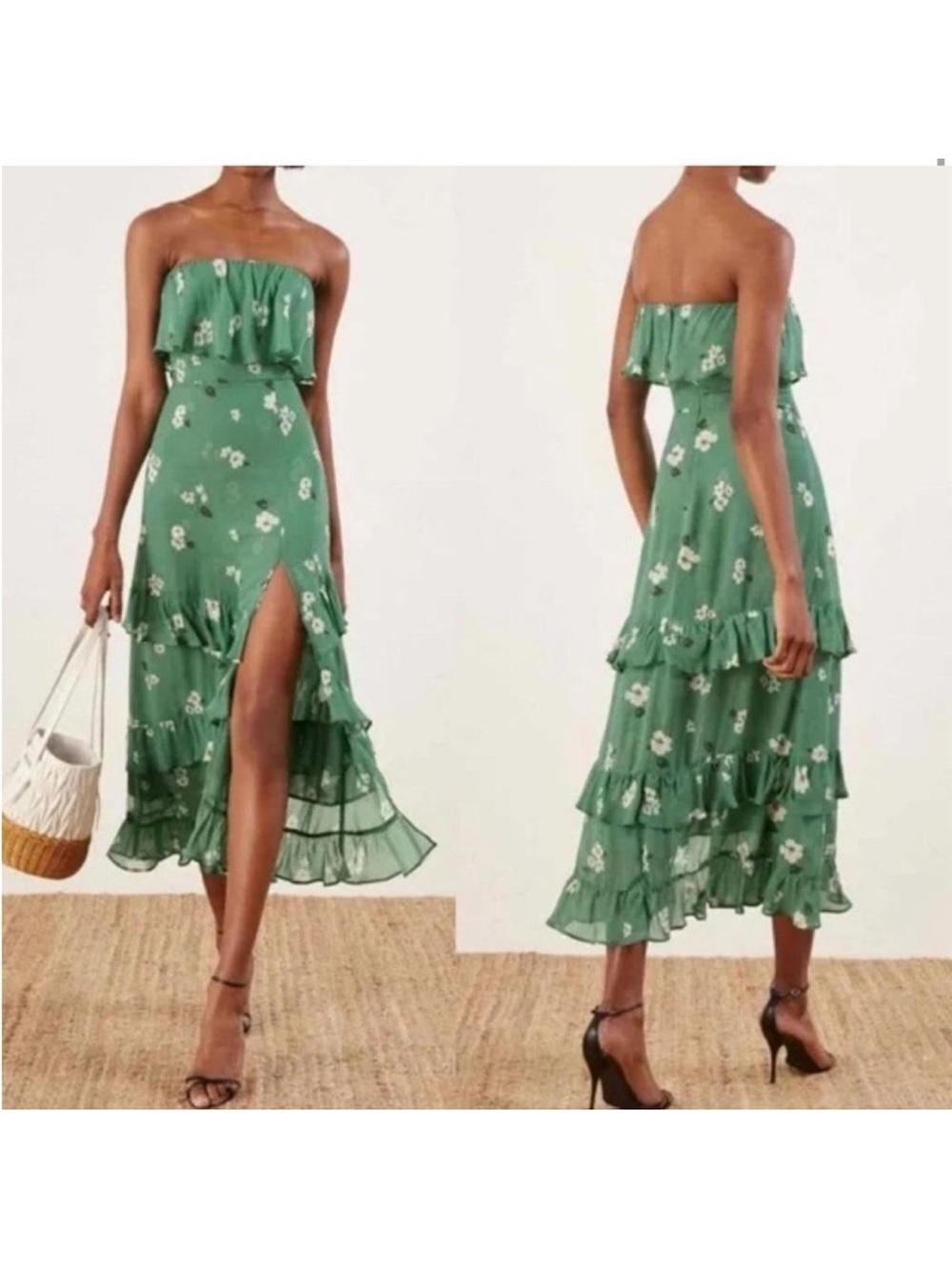 Reformation Indy Green Floral Strapless Midi Dress - Picture 2 of 12
